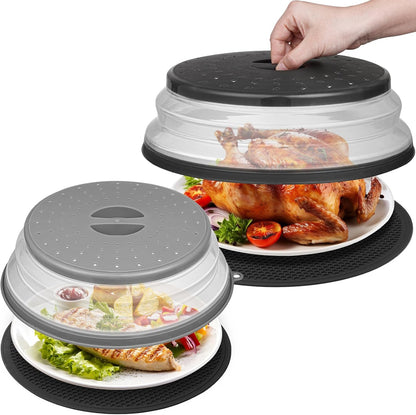 Microwave Splatter Cover & Silicone Mat, 10inch | Black, Collapsible, Vented, Reusable Food Guard & Plate Cover, Heat-Resistant Trivet for Pots, Pans, & Kitchen Counter