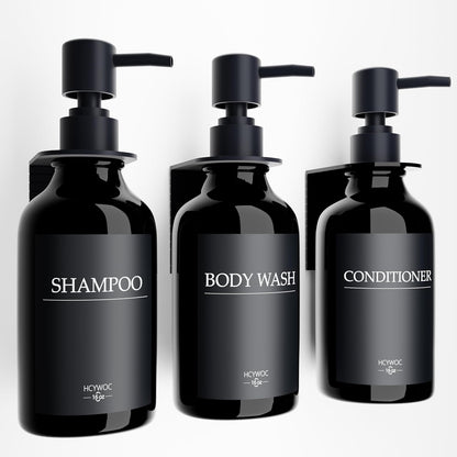 3 Pack Wall Mount Shower Dispenser, No Drill, 16 Waterproof Labels | Shampoo Dispenser for Shower Wall, Shampoo and Conditioner Dispenser, Bathroom, 17oz, Gold Amber