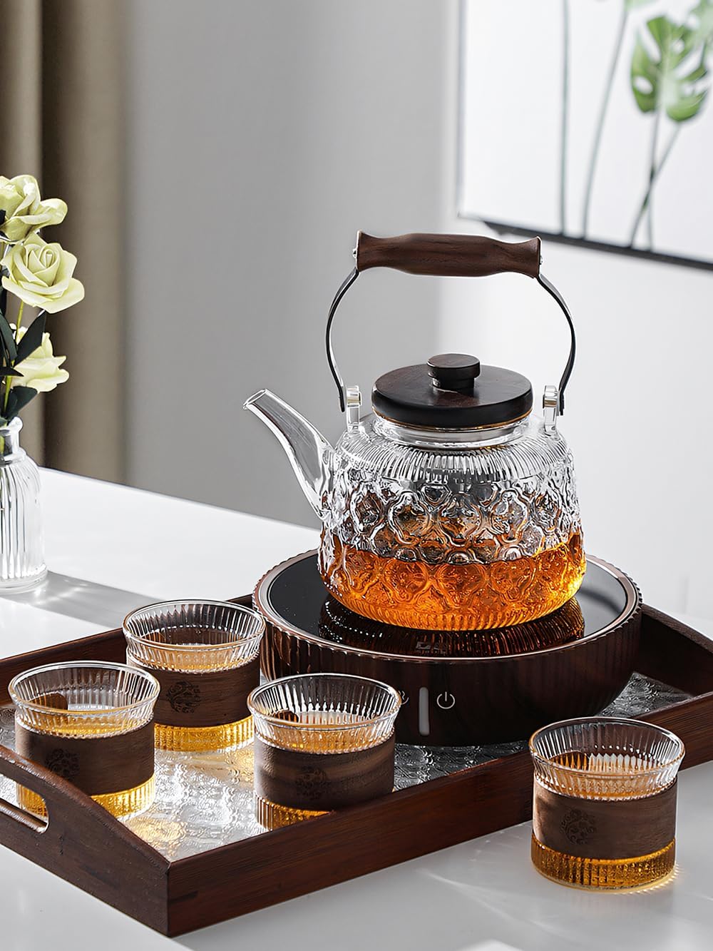 Stovetop Safe Glass Teapot with Malus Spectabilis Pattern Removable Infuser Fine Borosilicate Tea Pot perfect for Fruit Flowering Tea Canister Premium Quality Tea Kettle Gift(Transparent)