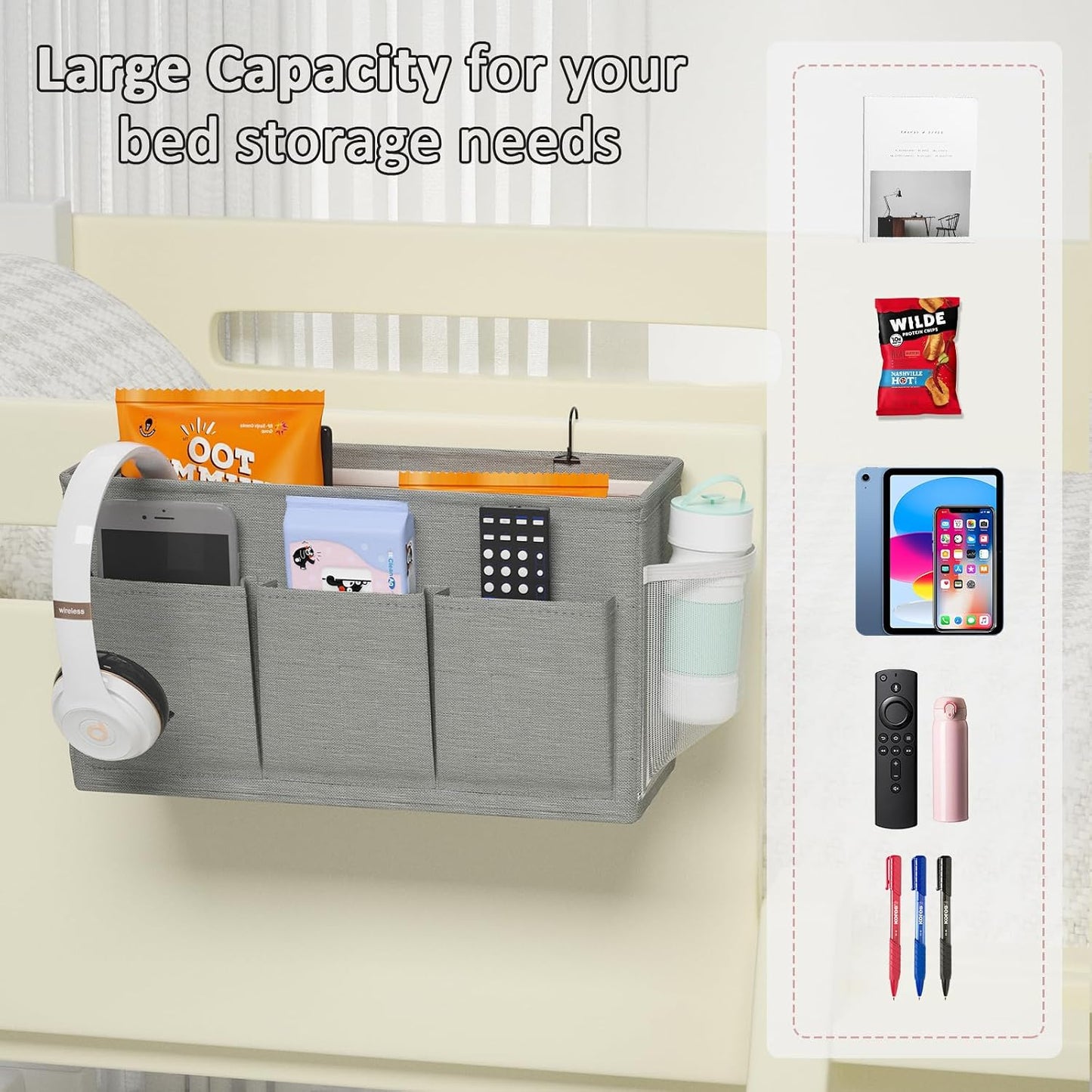 Bedside Caddy Bedside Storage Hanging Organizer for Bunk Dorm Bed Rail | Bed Caddy with Hooks, Top Bunks and Dorm Essentials for Water, Tissues, Tablets, Books, Phones, Remotes and Other Necessories
