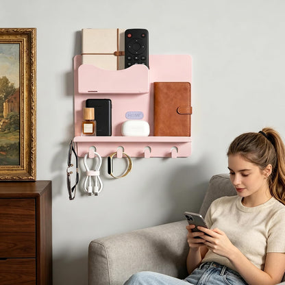 Bedside Shelf Wall Mount, Adhesive Bedside Shelf Accessories Organizer with Hooks and Cable Clips,Dorm Bedside Wall Storage for Phone, Remote, Earphone,Plastic (White)