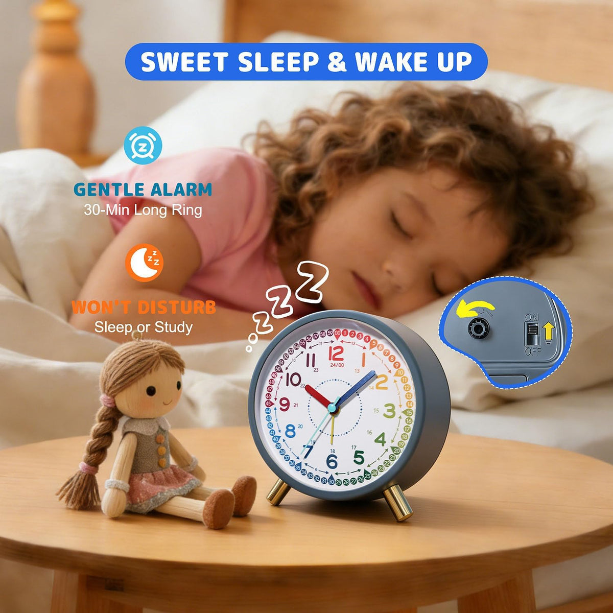 Kids Alarm Clock, Silent Non-Ticking, Analog Learning Clock for School Beginners, Stylish Round Metal Clock, Easy to Read, Battery Operated, Loud Ringing Back to School Gifts
