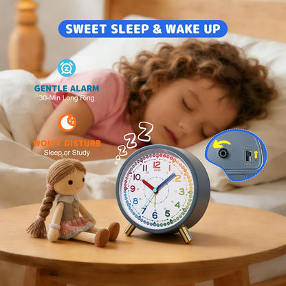 Kids Alarm Clock, Silent Non-Ticking, Analog Learning Clock for School Beginners, Stylish Round Metal Clock, Easy to Read, Battery Operated, Loud Ringing Back to School Gifts