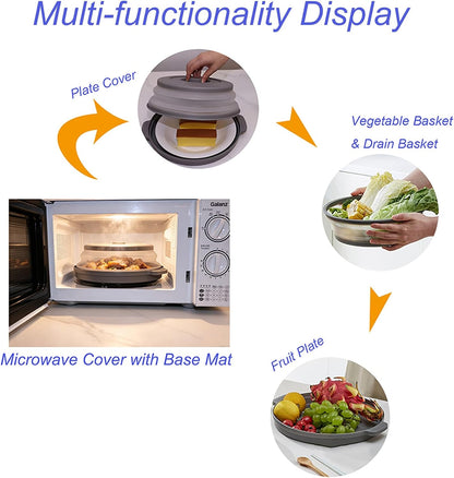 10.6" Microwave Splatter Cover with Anti-Scald Base Mat, Collapsible Food Cover for Plates & Bowls, BPA-Free Silicone Guard Lid with Vented Holes, Dishwasher Safe Kitchen Essential Gadgets