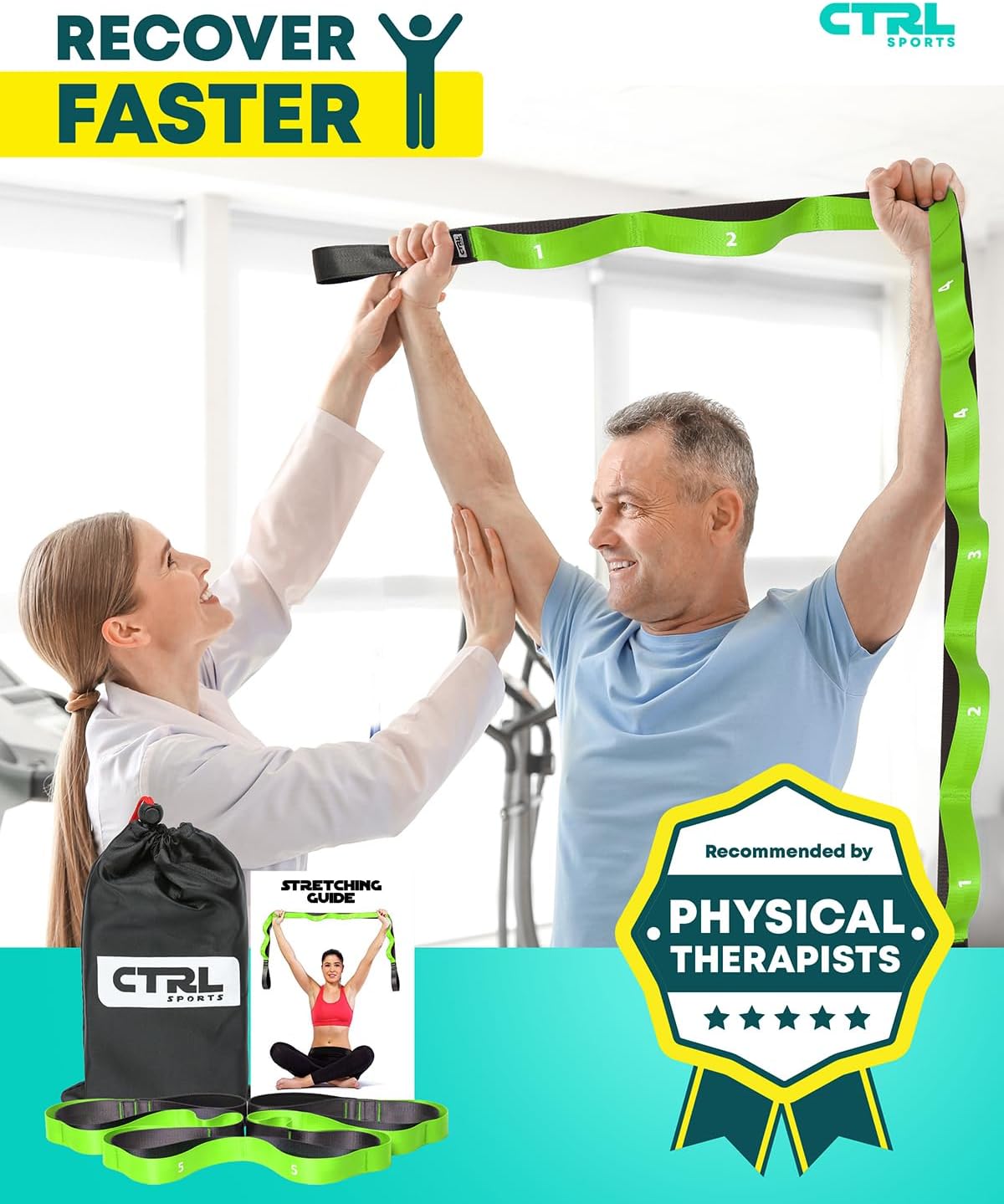 Stretching Strap with Loops - Non Elastic Yoga Strap for Physical Therapy | Video Exercises Included - Stretch bands for Stretching Equipment and Flexibility - Fascia, Hamstring & Leg Stretcher Belt