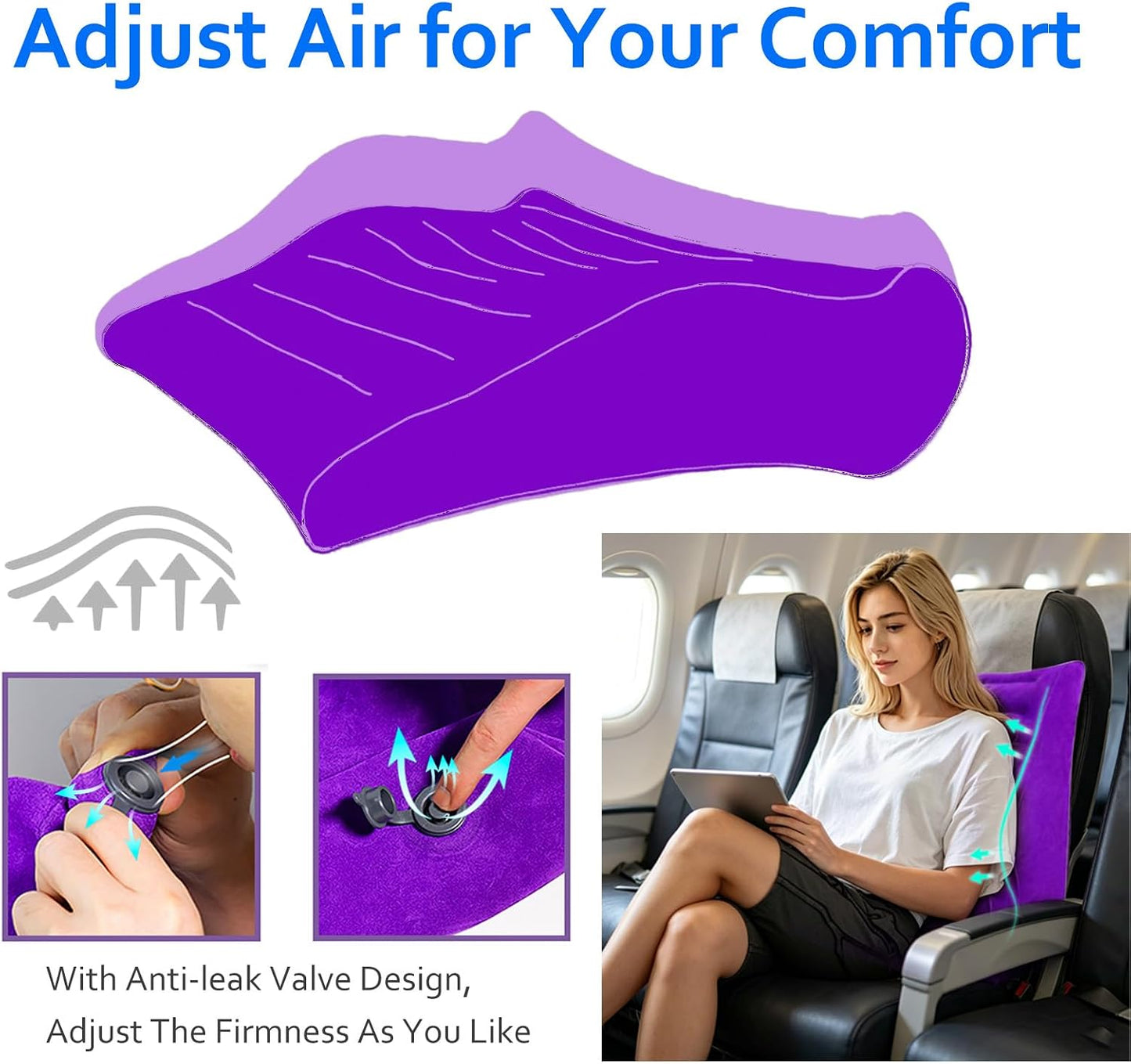 Inflatable Lumbar Pillow for Airplane Travel, S-Curve Lumbar Support Pillow | Ergonomic Back Support Cushion for Office Chair, Car, Couch, Driving Seat, Long Flight, Portable, Lightweight, Purple