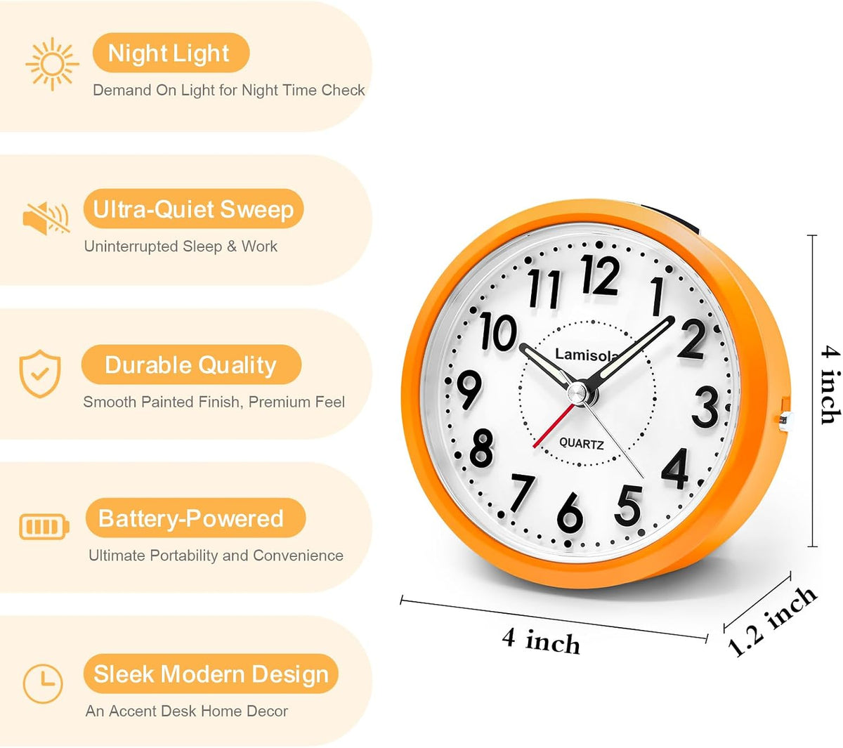 Lamisola 4 Inch Alarm Clock for Bedrooms, Small Analog Desk Clock, Black