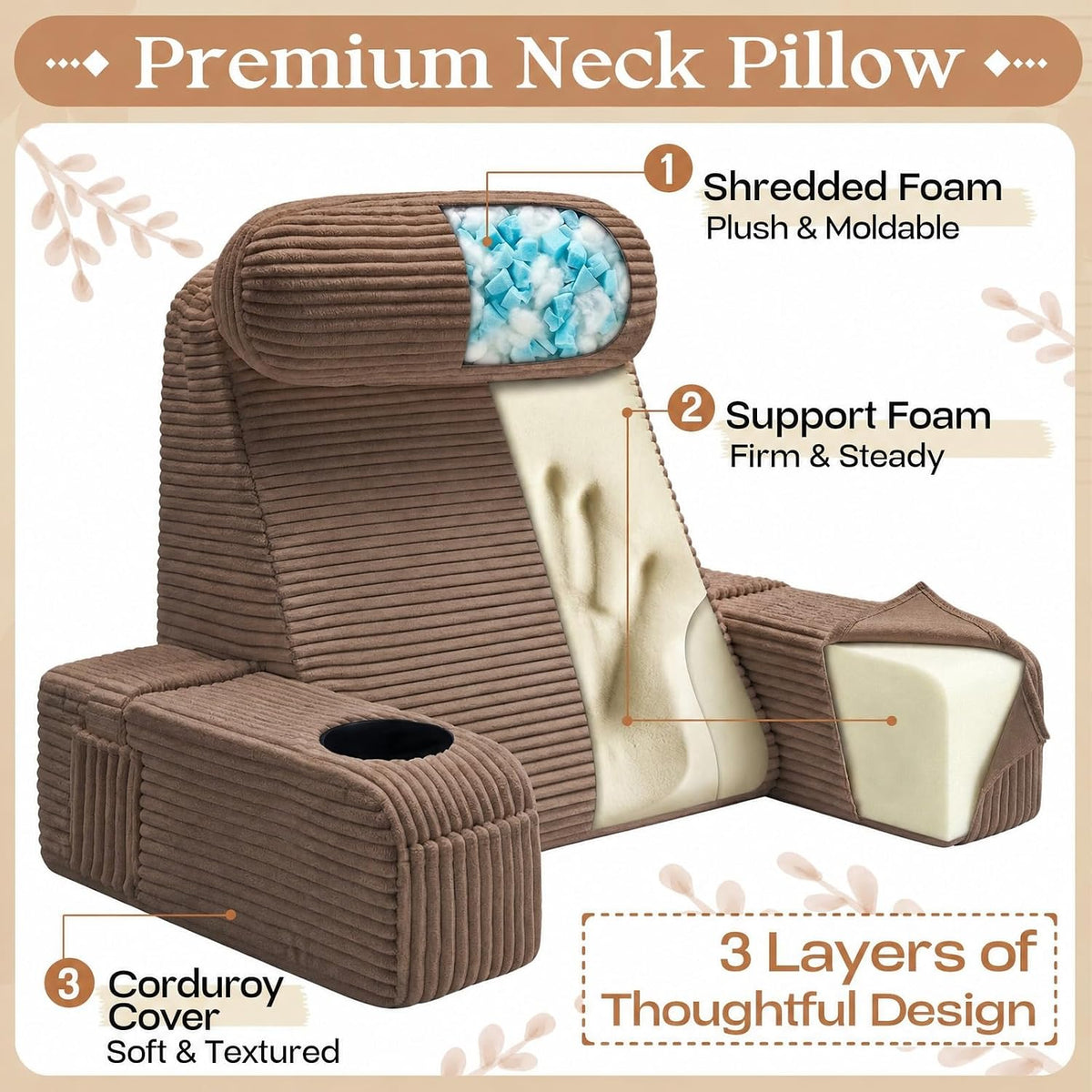 Reading Pillow/Backrest Pillow with Arms, Cup Holder & Phone Pocket