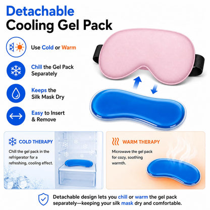 Silk Sleep Mask with Cooling Gel | Pure Mulberry Silk, Adjustable Strap, Superior Light Blocking, Includes Removable Ice Pack & Earplugs