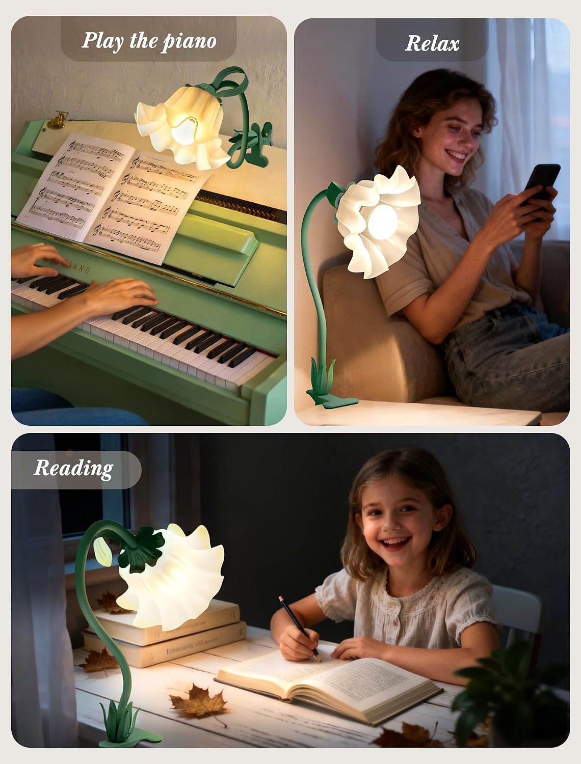 Clip On Light and Bed Headboard Lamp,Valentines Day Gifts for Women,Flower Desk Lamp with 3 Color Modes,USB Power Gooseneck Reading Light,Night Light for Nursery,College Dorm Room Essentials (Green)