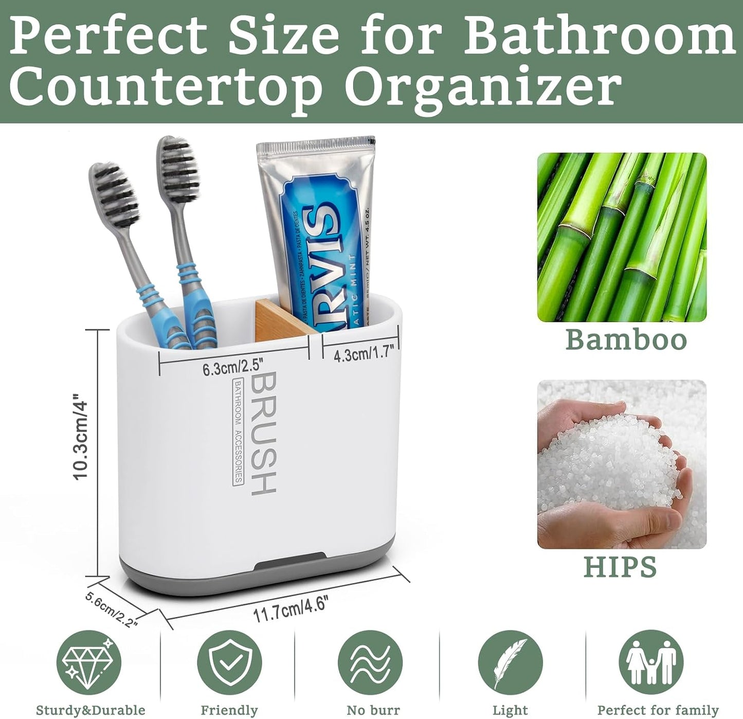 Bamboo Toothbrush Holder for Bathrooms Toothpaste Organizer, Small, White | 2 Slots, Easy to Clean, Plastic, Kids Electric Toothbrush, Drainage, Removable, For Bathroom, Vanity, Kitchen Sink, Office