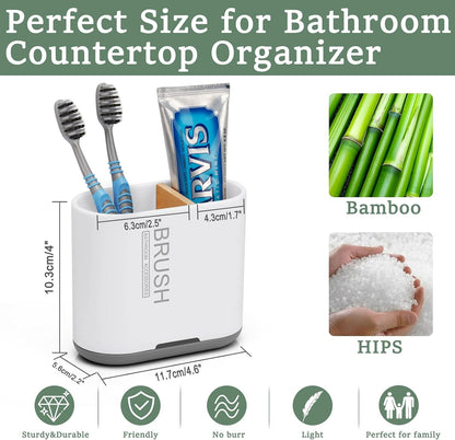 Bamboo Toothbrush Holder for Bathrooms Toothpaste Organizer, Small, White | 2 Slots, Easy to Clean, Plastic, Kids Electric Toothbrush, Drainage, Removable, For Bathroom, Vanity, Kitchen Sink, Office