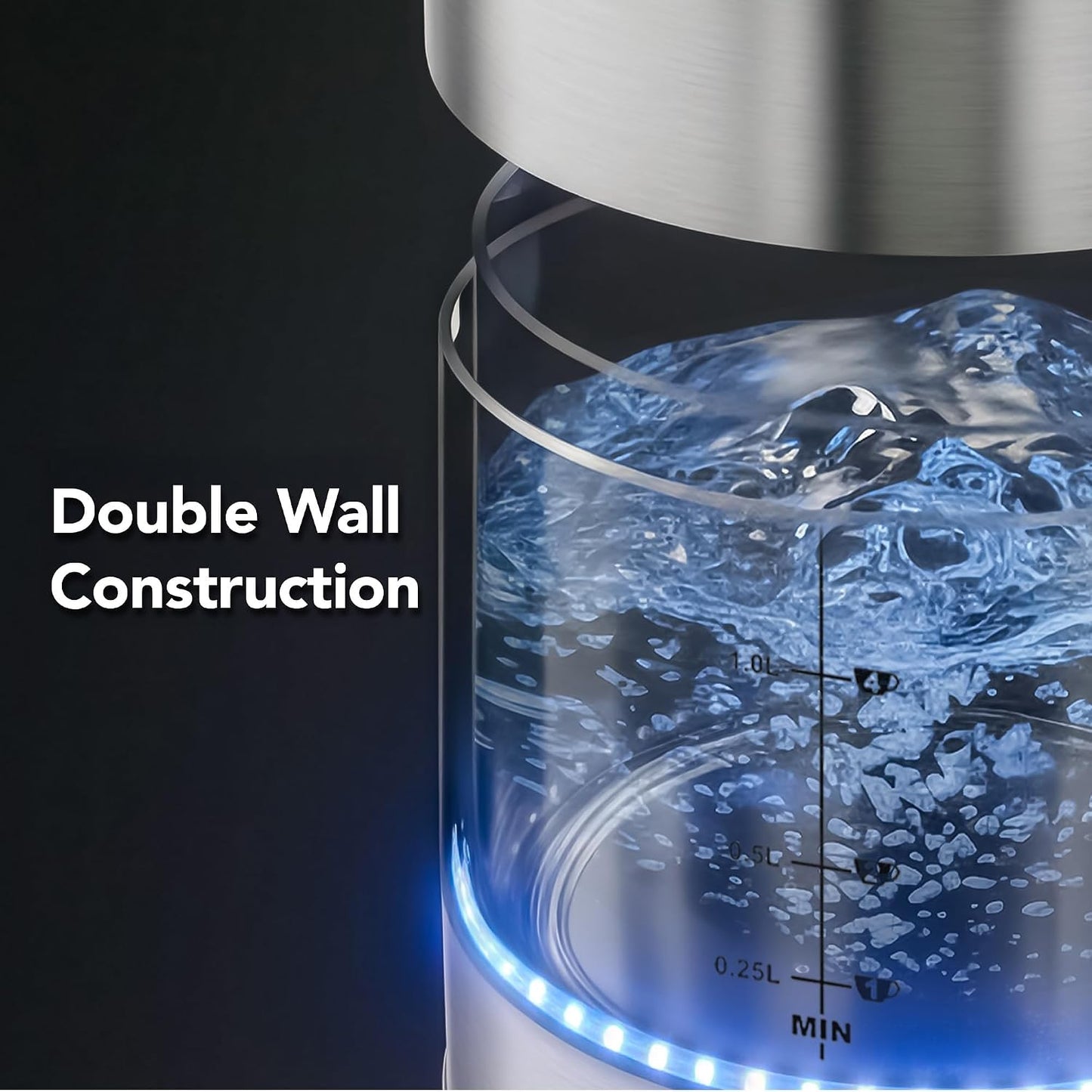 OVENTE 1.7L Double Wall Glass Electric Kettle Water Boiler, Silver KG912S | 1500W Fast Boiling, Easy Fill Lid, Borosilicate Glass, Cool-Touch Design, Blue LED, Auto Shut-Off, Boil-Dry Protection