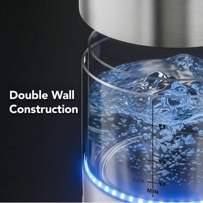 OVENTE 1.7L Double Wall Glass Electric Kettle Water Boiler, Silver KG912S | 1500W Fast Boiling, Easy Fill Lid, Borosilicate Glass, Cool-Touch Design, Blue LED, Auto Shut-Off, Boil-Dry Protection