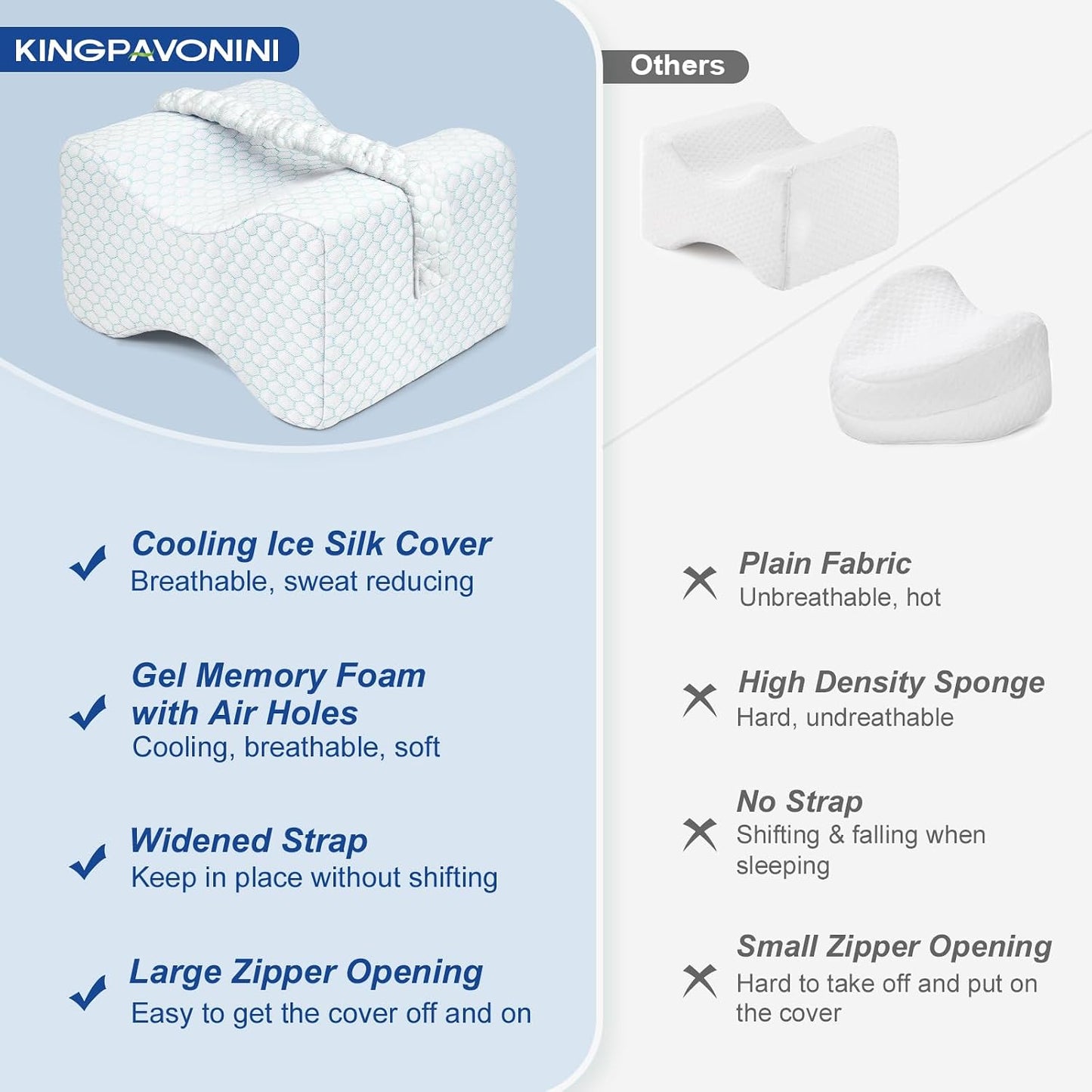 KingPavonini Leg Pillow for Side Sleeping, White & Green | Cooling Gel Memory Foam Knee Pillow for Side Sleepers, Ice Silk Cover & Adjustable Strap, Relieves Hip, Sciatica & Back Pain