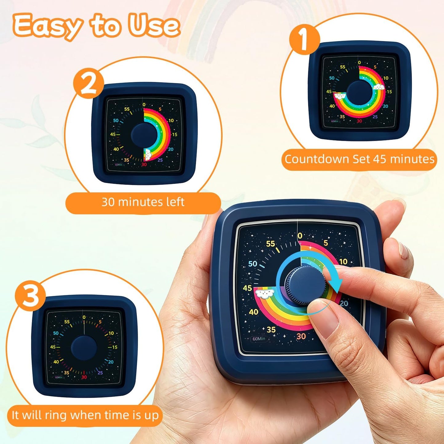 Visual Timer for Kids 60 Minute Countdown Clock – Silent Cube Timer with Rainbow Cloud Design, Plastic Kids Visual Timer, Toddler Timers for Classroom Home Kitchen Study Tools, Green
