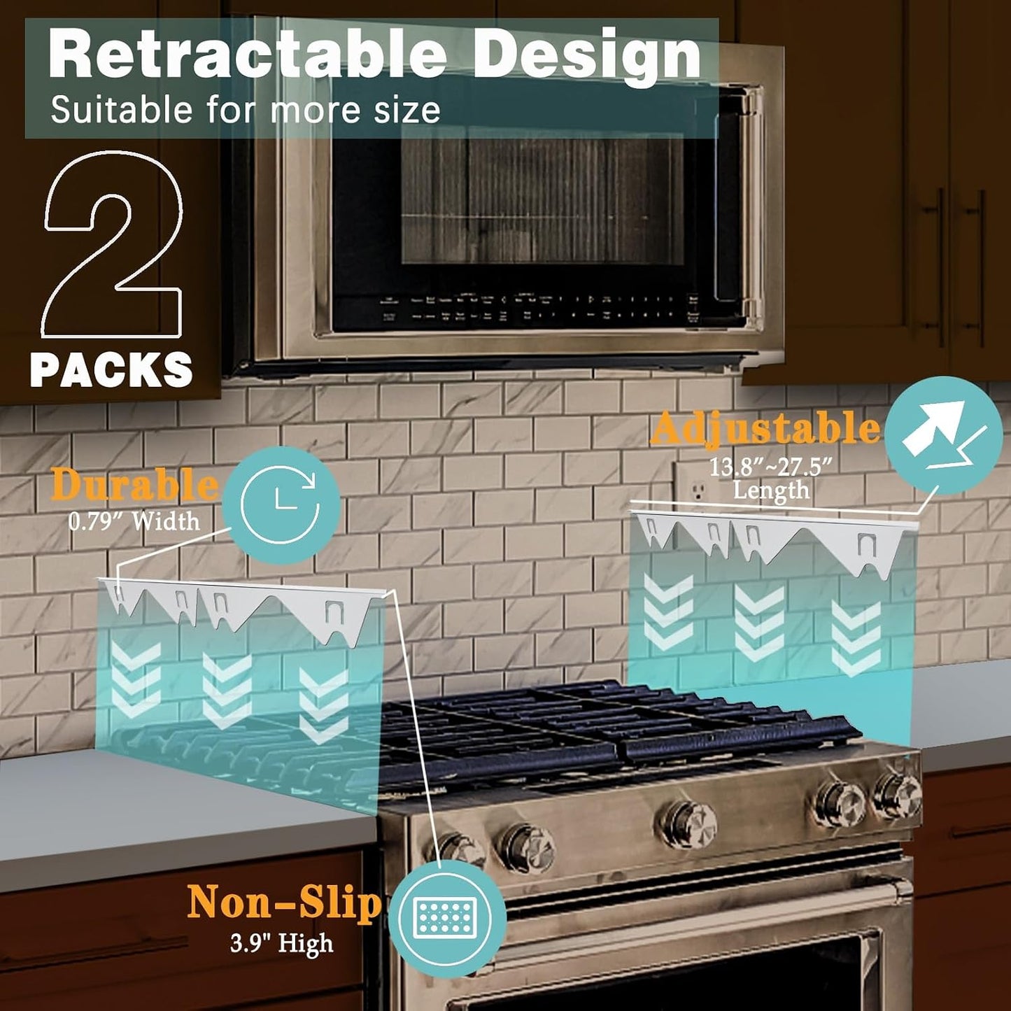 Stove Gap Covers Stainless Steel, 2 Pack Stove Gap Filler Easy Retractable Length 13.8" to 27.5", Width 0.79" Stove Gap Guards Range Trim Kit, Heat Resistant Guard Between Stove Top & Counter