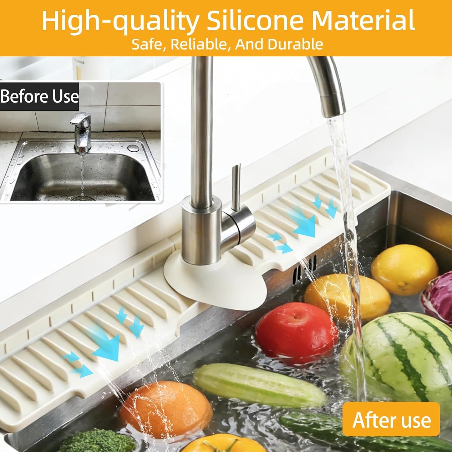 24" Silicone Sink Mat for Kitchen(Released in 2026), Beige | 8° Slope for Quick Self-draining, Sink Splash Guard Behind the Faucet, Narrow Water Splash Guard, for Kitchen&Bathroom Area