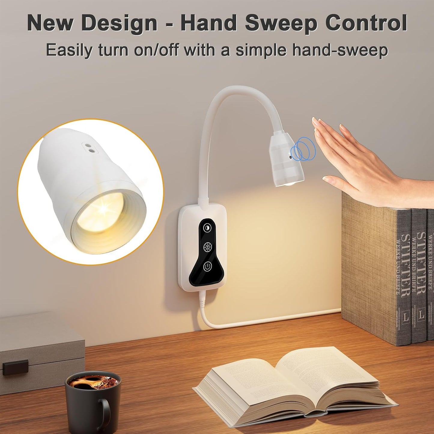Wall Mounted LED Reading Light for Bed Headboard - 5 Color & Brightness Levels Dimmable Book Light with Touch/Wave Control, USB Output - Night Reading Lamp for Books in Bed