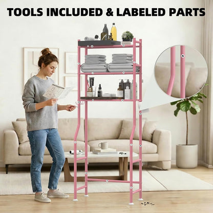 GloTika 3-Tier Over Toilet Storage, Anti-Tilt, 64" H, Black | Anti-Tilt Safety System, 150lb Capacity, Carbon Steel, Freestanding, No Drilling, Anti-Rust Coating, Paper Holder & 4 Hooks