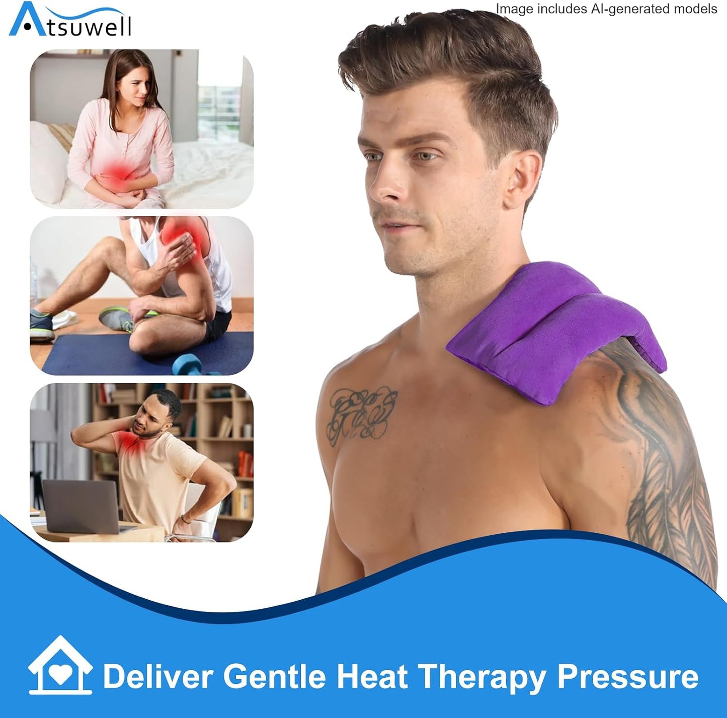 Atsuwell 6 x 11'' Microwave Heating Pad for Cramps & Joint Relief, Grey | Stomach & Neck Stress Relief , Hot or Cold Therapy, Rice Microwavable Heat Pack, Unscented Moist Pad for Women & Men