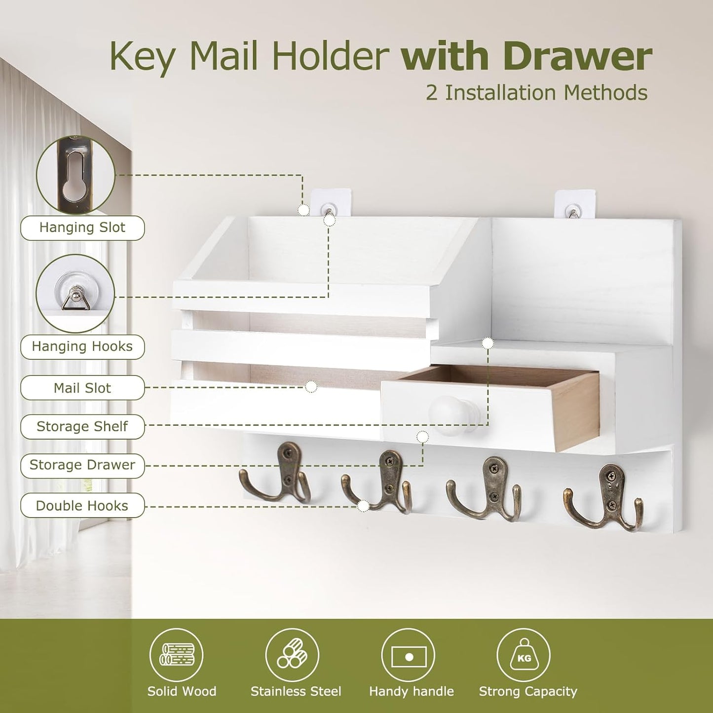 Key Holder Wall Mount, Wooden Key and Mail Organizer, Black | 2 Mount Options, Includes 8 Hooks, Fence Mail Slot, Small Drawer and Shelf, for Entryway, Hallway, Doorway, Living Room, RV