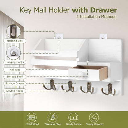 Key Holder Wall Mount, Wooden Key and Mail Organizer, Black | 2 Mount Options, Includes 8 Hooks, Fence Mail Slot, Small Drawer and Shelf, for Entryway, Hallway, Doorway, Living Room, RV