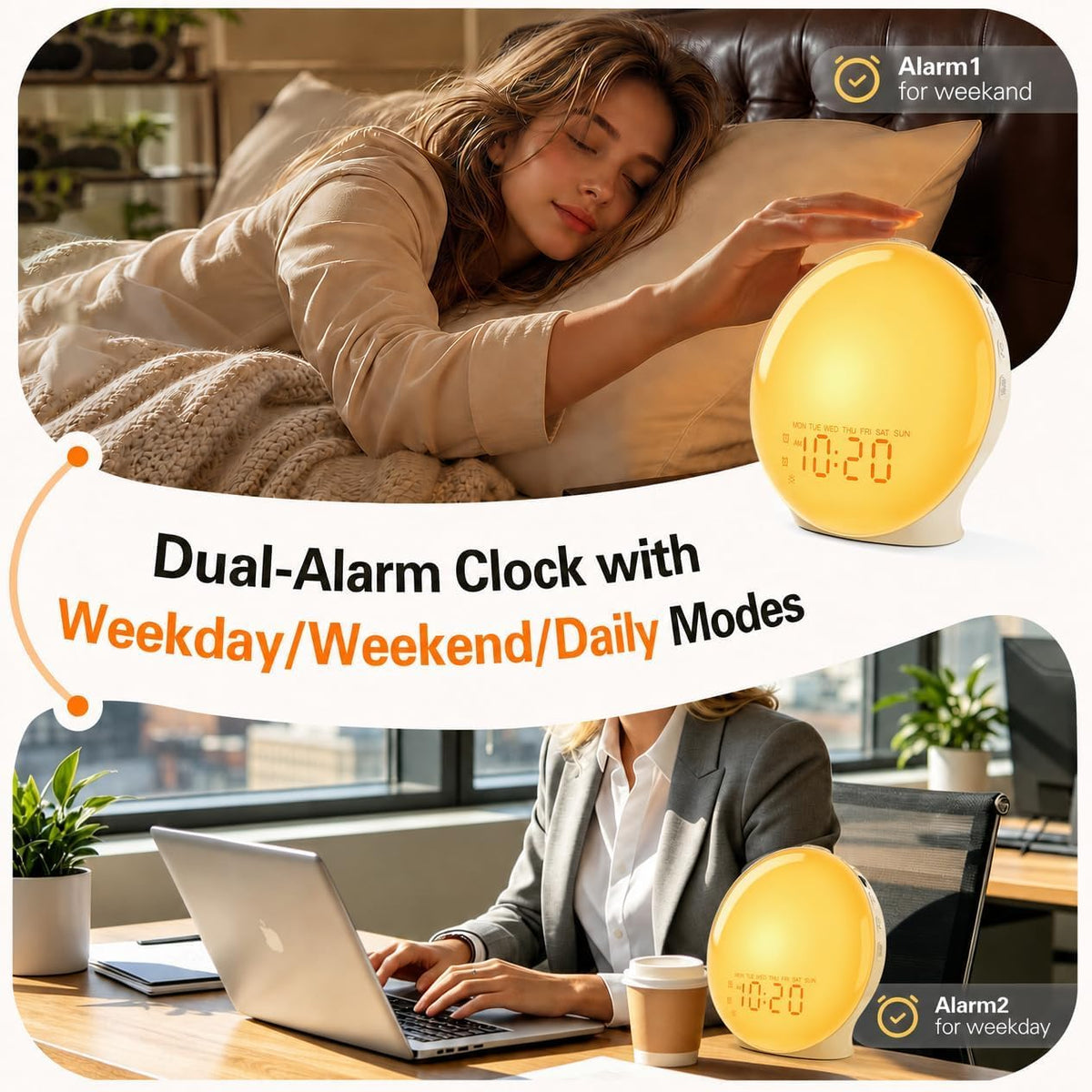 JALL Full-Screen Wake Up Light Sunrise Alarm Clocks for Bedrooms, White Noise Machine for Heavy Sleepers, 25 Natural Sounds, Dual Alarms, FM Radio, 17 Dimmable Colors, Bluetooth Speaker