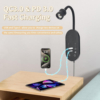 LED Wall Mounted Reading Light for Bed, Book Light for Reading with Touch Control, Stepless Dimmable, Flexible Gooseneck Bed Light with USB C+A, Night Light & Timers Function (White)