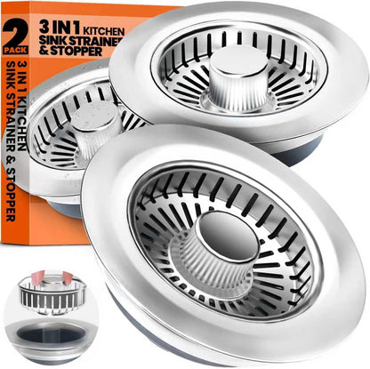 3 in 1 Kitchen Sink Drain Strainer Stopper Basket Pop Up Silver | Kitchen Sink Accessories Strainer Basket 2 Pack Silver,Stainless Steel Anti-Clog Catcher, Odor-Blocking Seal Fits 3.5" Drain