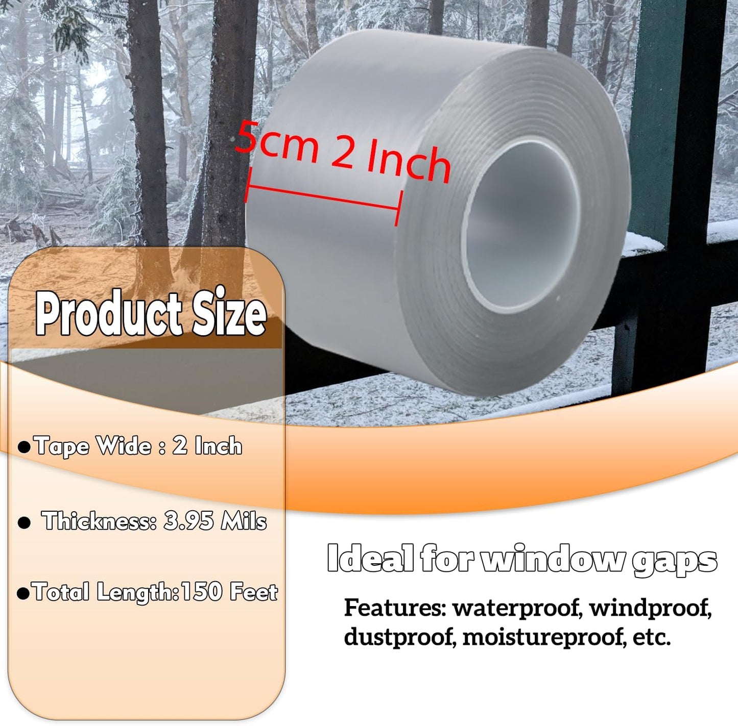 Qoqooice Transparent Window Weather Sealing Tape 2 Inch x 33 FT Weather Stripping Residue-Free Clear Window Insulation Tape for Doors Windows and Shower Glass Gaps
