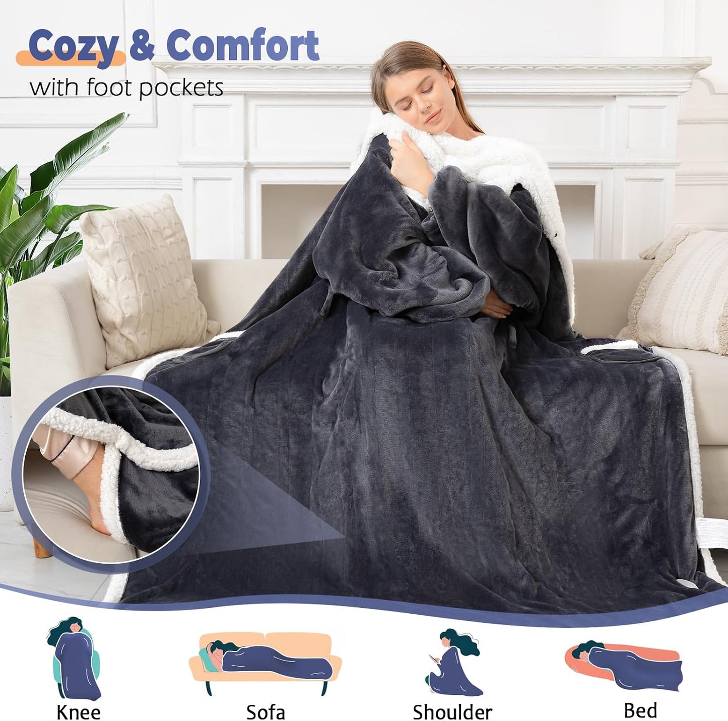 Wearable Heated Blanket with Foot Pocket, Electric Wearable Throw Blanket with Sleeves, Hood, Portable Heated Blanket with 8 Heat Settings, 1-10 Hours Auto Shut-off, Gift for Family, Friends, 50*70"