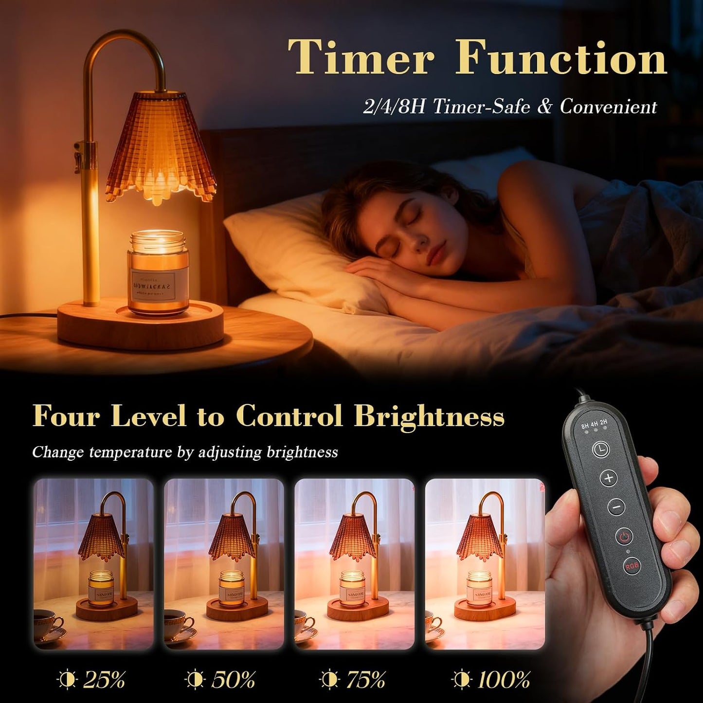 Flower Candle Warmer Lamp,Adjustable Timer & Dimmer(Black2) | Adjustable height fits jars. Timer & dimmer safe melt. 2 bulbs & heat-proof base. Perfect for bedroom, office, or gifting.