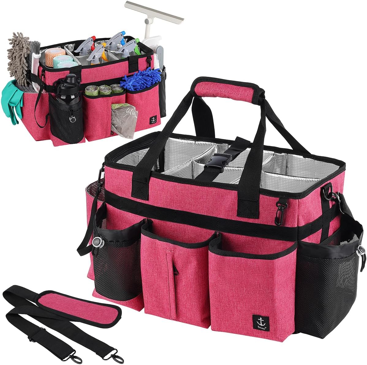 Large Cleaning Caddy Bag Built-in hard plastic sheet Aluminum foil lining | Waterproof nylon, aluminum foil lining, detachable dividers, dual straps for housekeepers