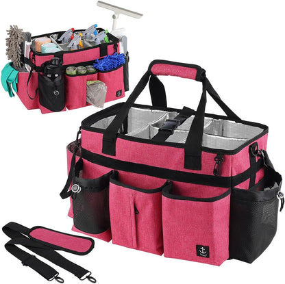Large Cleaning Caddy Bag Built-in hard plastic sheet Aluminum foil lining | Waterproof nylon, aluminum foil lining, detachable dividers, dual straps for housekeepers