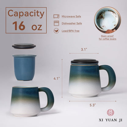 Ceramic Tea Mug with Infuser & Lid, 15oz Kiln-Transformed Unique Cup – Nature's Artisan Design, Loose Leaf Tea Cup with Infuser, Insulated Ceramic Coffee Mugs with Lid, Gift for Women/Men