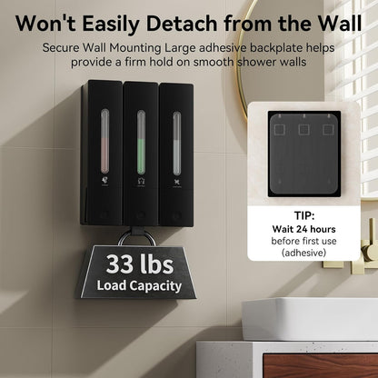 Shampoo and Conditioner Dispenser - Wall-Mounted 3-Chamber Shower Soap Dispenser, No-Drill, 1200ML Capacity, for Bathroom & Hotel