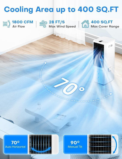Windowless Air Conditioner w/4 Mode,3 Speed, Waterless Alert,2.4-Gal Tank for 24H Cooling, 12H Timer Swamp Cooler Air Conditioner, 20FT Remote,70° Auto Swing Evaporative Air Cooler for Bedroom