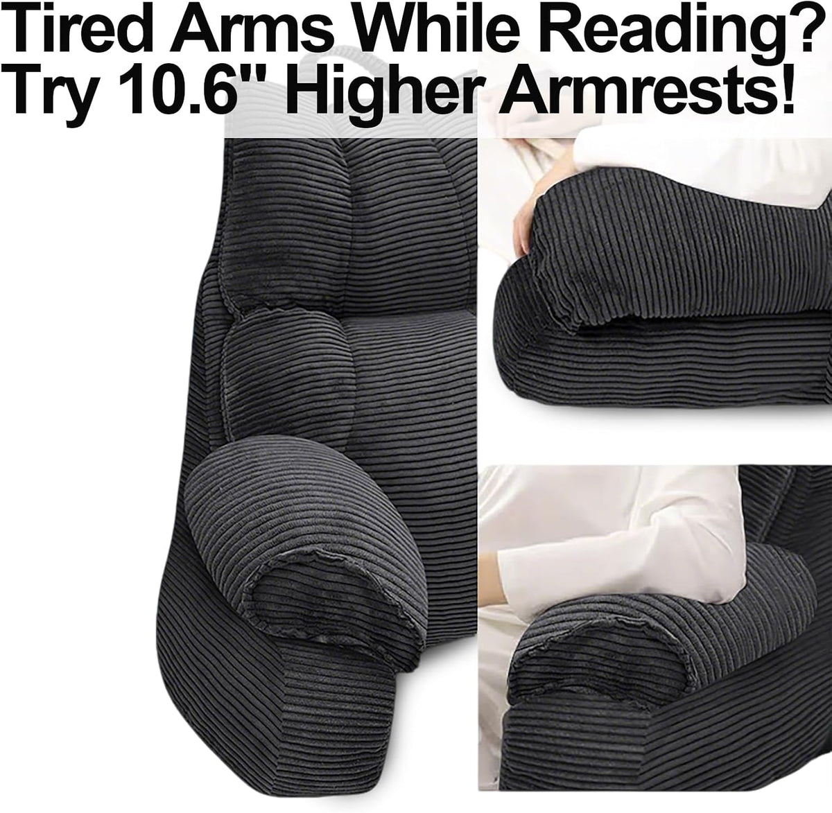 Reading Pillow for Bed with Arms, Back Support, Memory Foam（Grey Black）