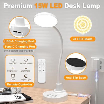 15W LED Desk Lamp with USB Charging Ports – Dimmable Table Lamp with 3 Color Temps, 5 Brightness, 4 Timers, Flexible Gooseneck Light with Base, Eye-Caring Reading Light for Home Office, Bedroom, Study