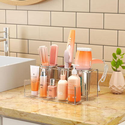 NIUBEE Acrylic Hair Tool Organizer,Hair Blow Dryer Holder with 3 Cups,White | Acrylic Hot Tools Organizer,Hair Organizer Storage Countertop,Blow Dryer Holder for Curling Iron,Brush, Straightener,Bathroom