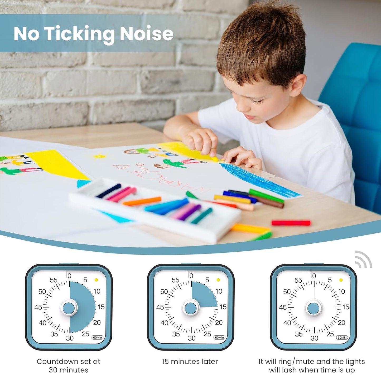 Visual Timer for Kids, Countdown Timer with Pause Function, White | Timer for Kitchen Cooking, Classroom, Study, Toddler, ADHD, Cute Timer Clock, Alarm 3 Volume Levels, Light Indicator