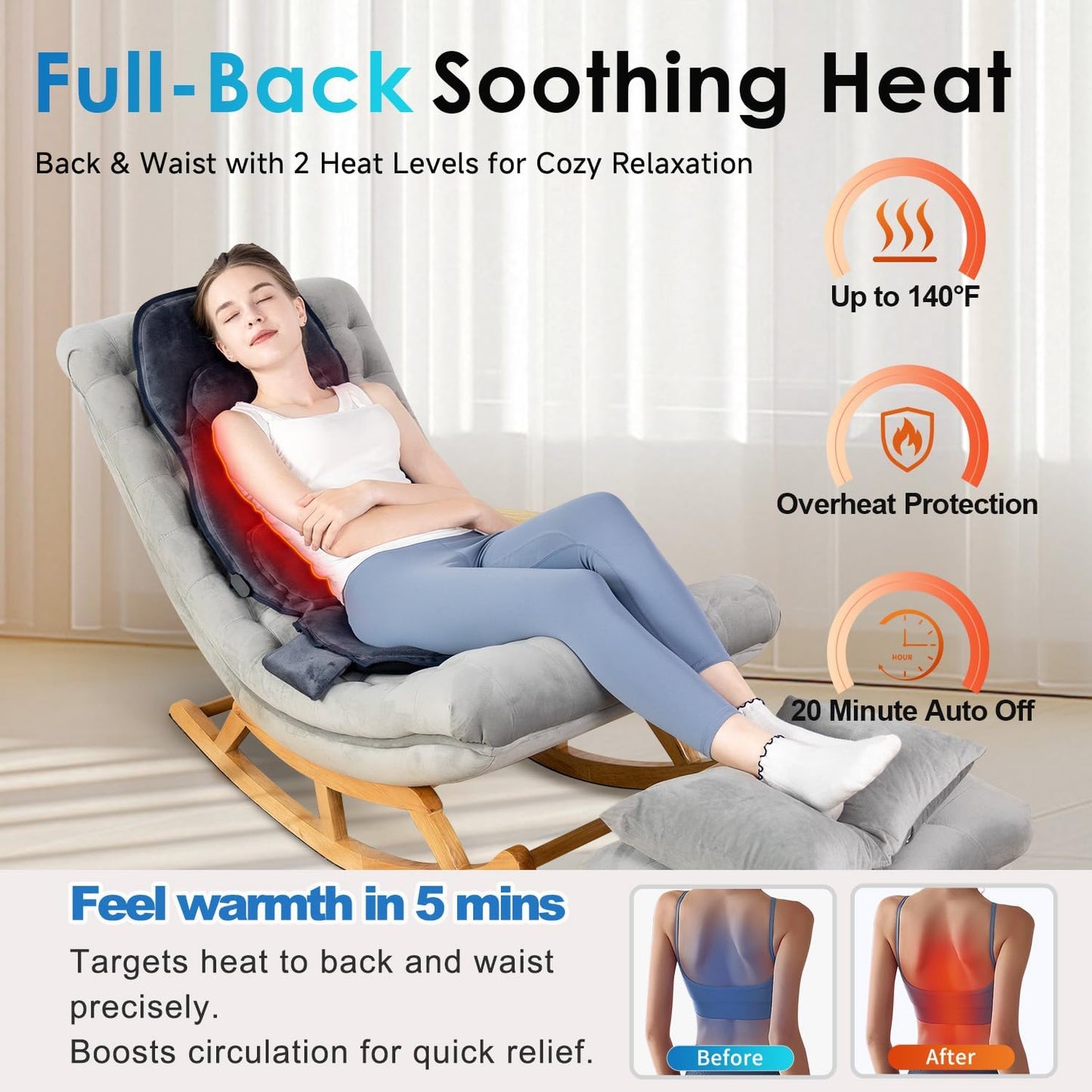 Back Massager with Soft Plush Fabric Cover, Massage Seat Cushion with 8 Vibration Motors & 2 Heating Levels, Chair Massager for Recliner, Office Chair, Sofa Use