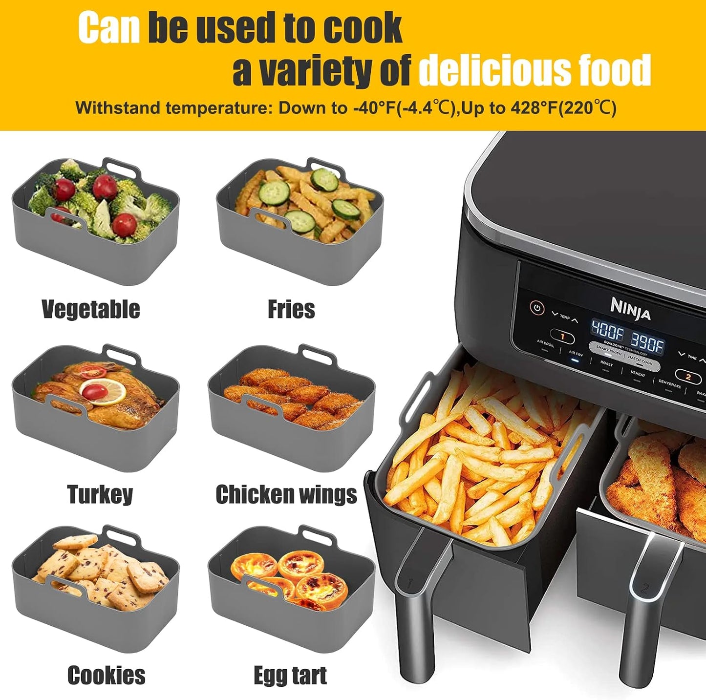 2Pcs Air Fryer Silicone Liners Rectangular for Ninja Foodi Dual DZ201 8QT | DZ090 6QT/Ninja DoubleStack SL201 8QT, MMH Reusable Airfryer Pot Baking Basket | Non-stick | Easy Cleaning | Food Safe | Gray