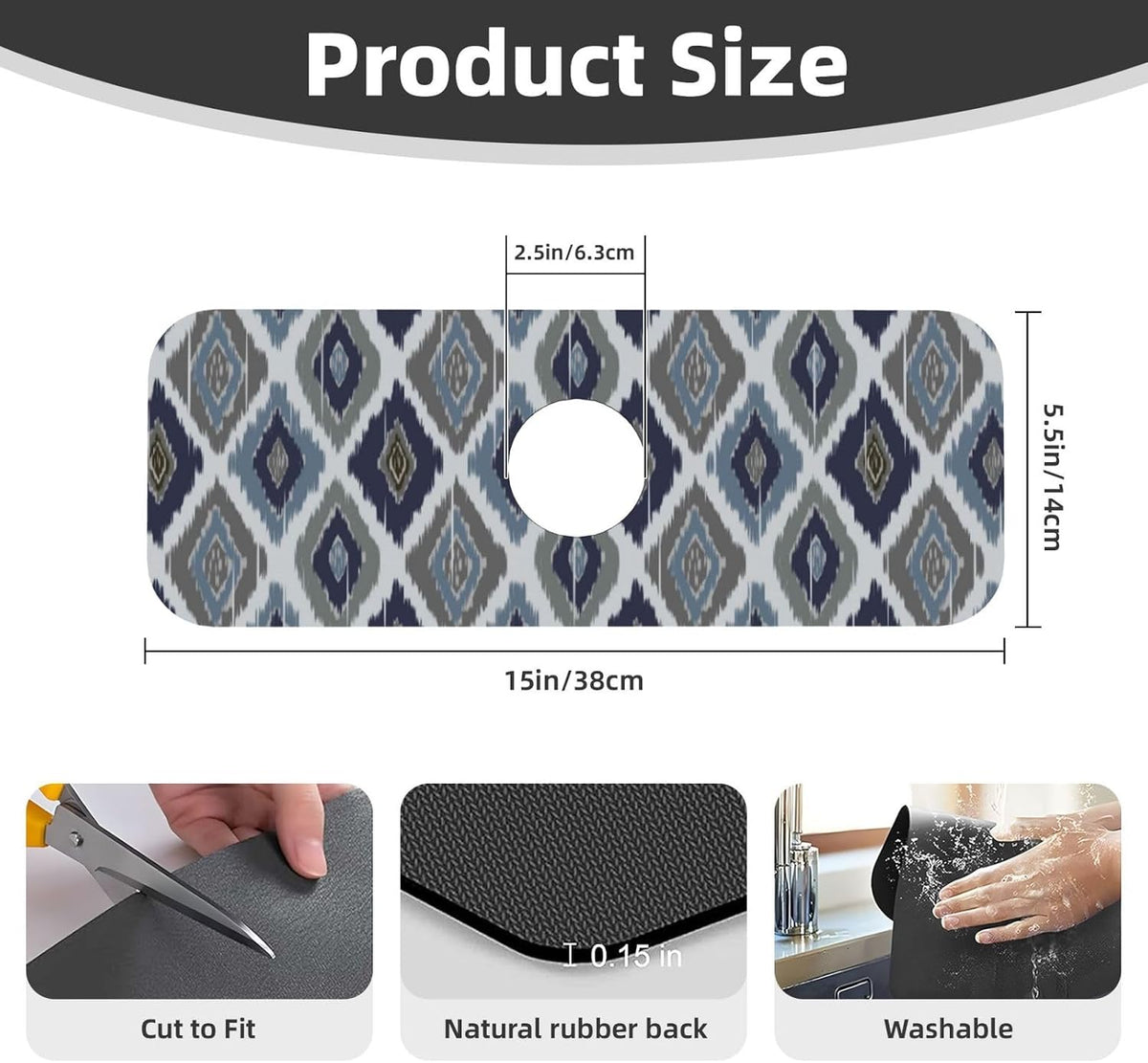 Aquamarine Blue Mexican Tiles Faucet Splash Guard Mat for Kitchen Sink 15x5.5" - Colors B