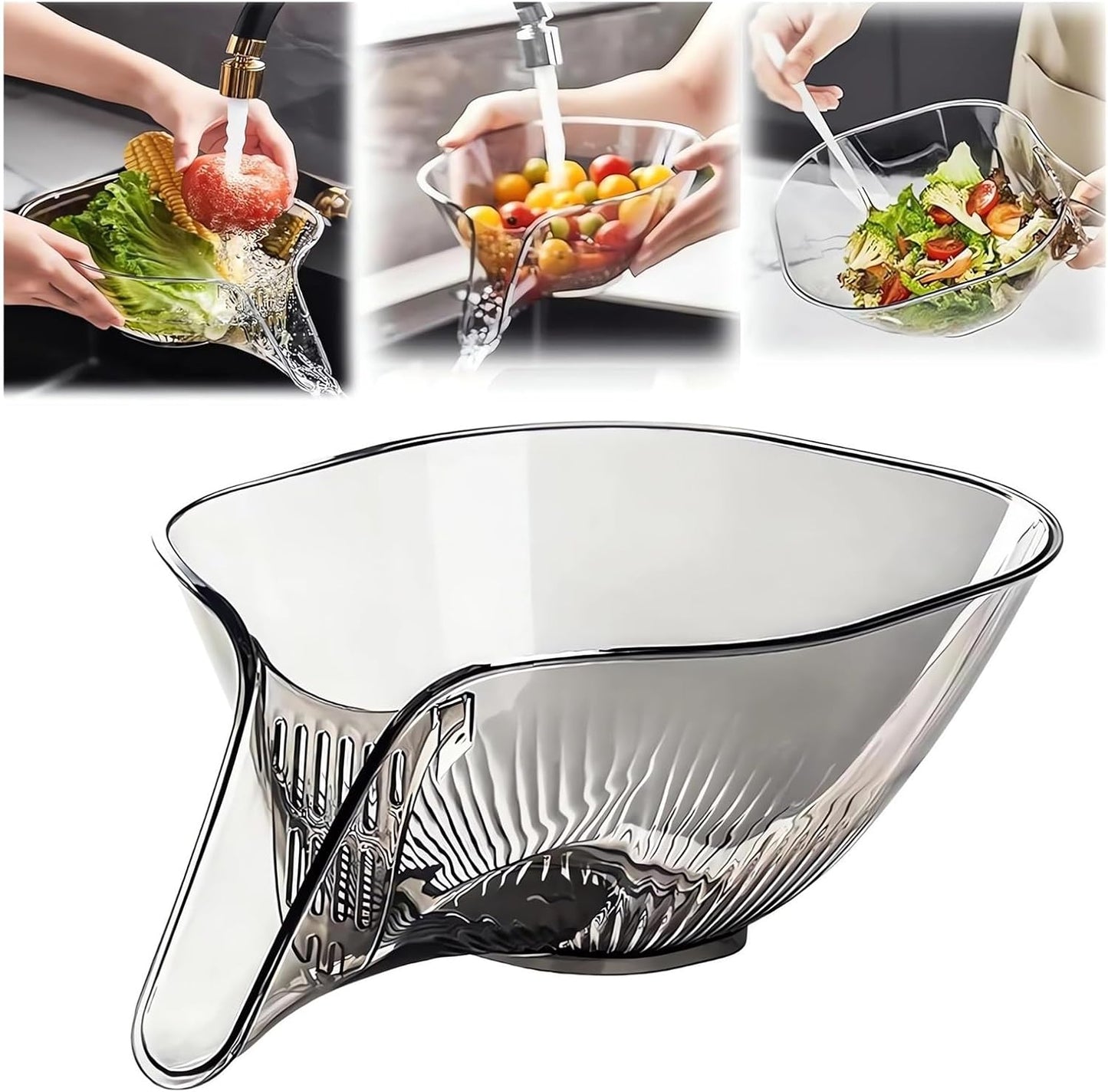 Multi-functional Drain Basket - 2024 New Fruit Cleaning Bowl with Strainer Container, Kitchen Sink Food Catcher Drainer Rinser Vegetable Washing Filter over the Colander (1PC, Clear)