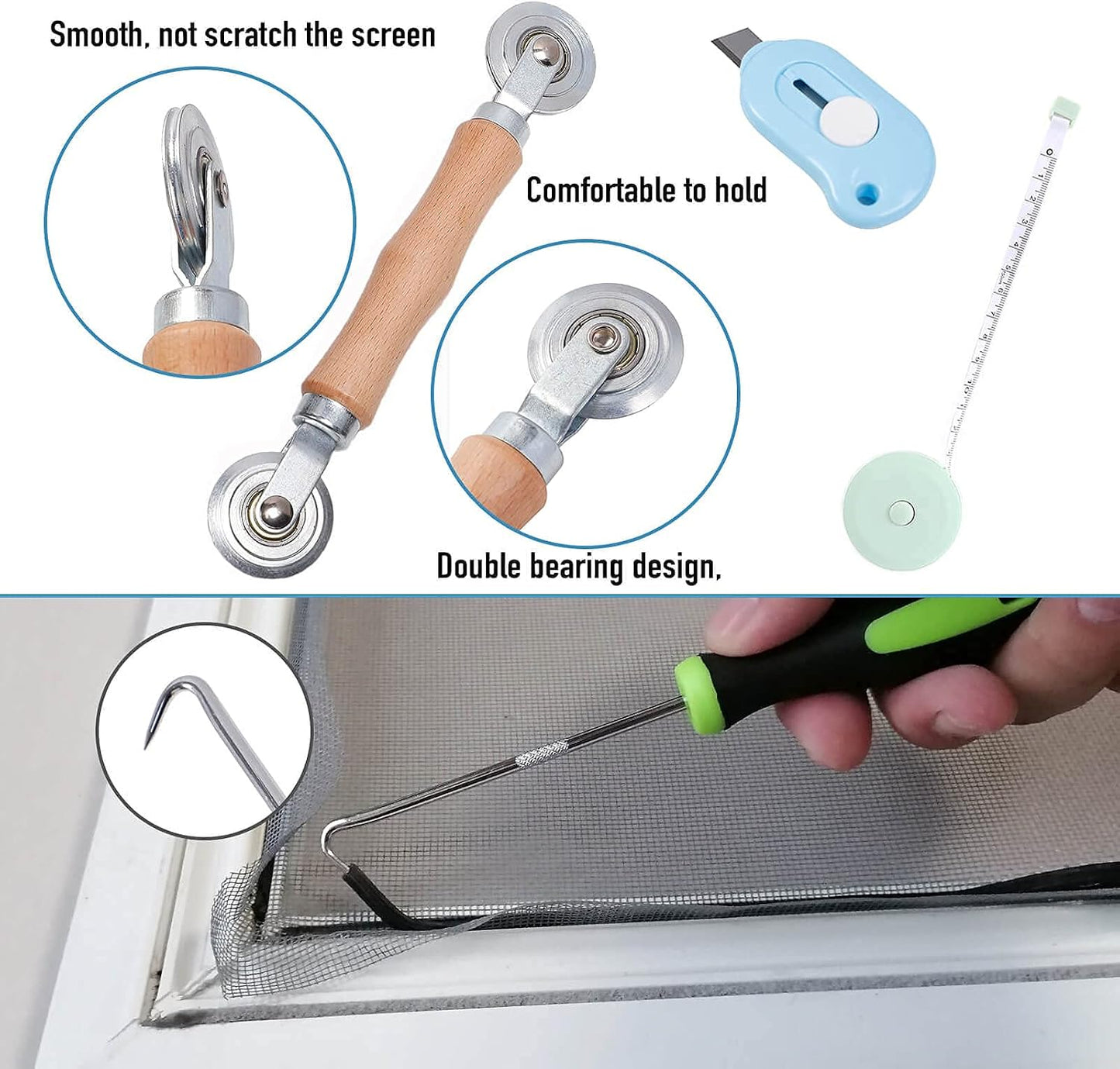 Windows Screen and Screen Door Repair Kit, 48"x118" Charcoal Fiberglass Mesh with Rolling Tool/Hook/Ruler/Cutter/Spline - Window Screen & Sliding Screen Door Replacement for Windows, TOOLTRIZ