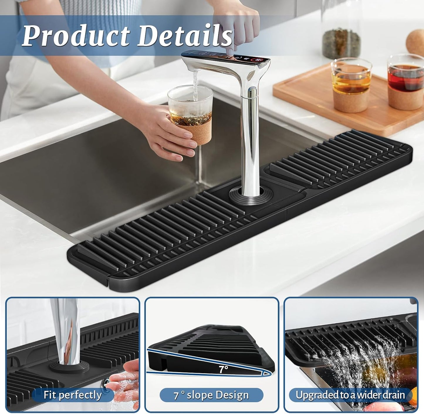 PoYang 24 Inch Faucet Mat for Kitchen Sink Splash Guard, Silicone, Black | Sink Protectors with 7° Slope for Smooth Drainage, Snap Button Holds It in Place, 90° Foldable & Cuttable Hole Fit Most Sinks