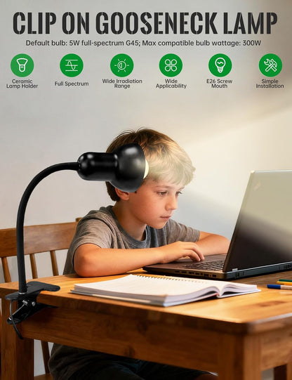 Clip On Gooseneck Lamp - 300W Max, Ceramic Fire-Resistant E26 Socket, Classic Durable Switch, Adjustable Flexible Clamp Light for Desk, Workbench, Bed Headboard, Table, Grow (Standard Clip Desk Light)