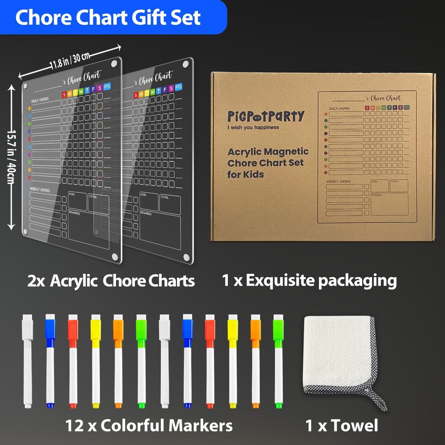 PigPotParty 2-in-1 Acrylic Magnetic Chore Chart for 2 Kids, Large 16x12 in | Clear Dry Erase Fridge Chore Board for Teens, Roommates; Vibrant Layout; Embedded Magnets; 12 Wet-Erase Markers and Towel